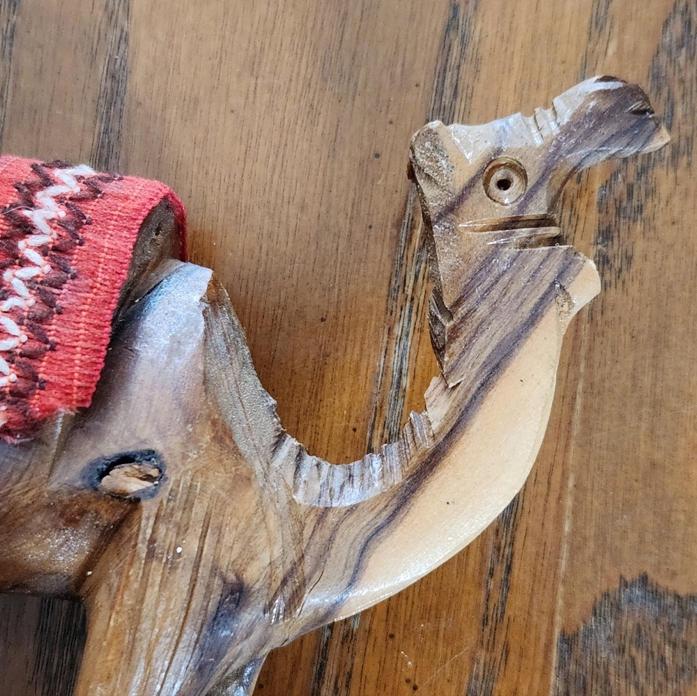 Middle Eastern Hand Carved Olive Wood Animal Figurines with Red Saddles Set Of 2 - Picture 3 of 6